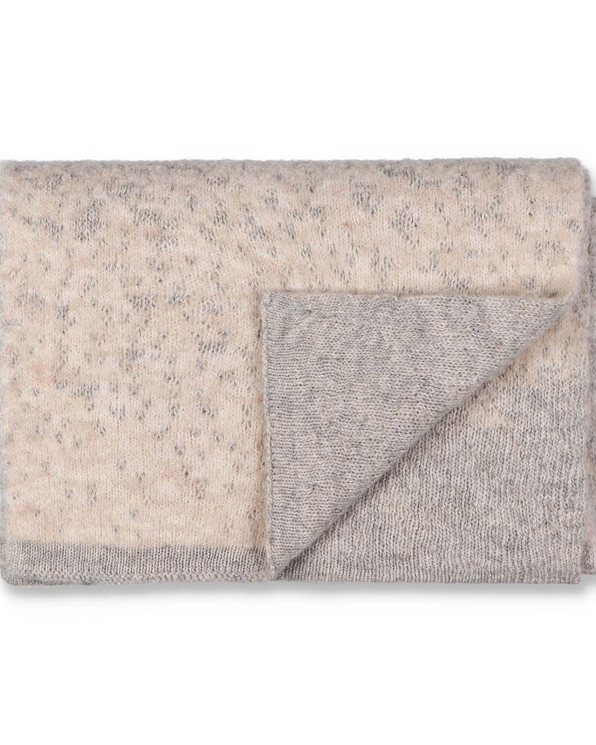 Flatlay of a fluffy bulky knit scarf in white and grey.
