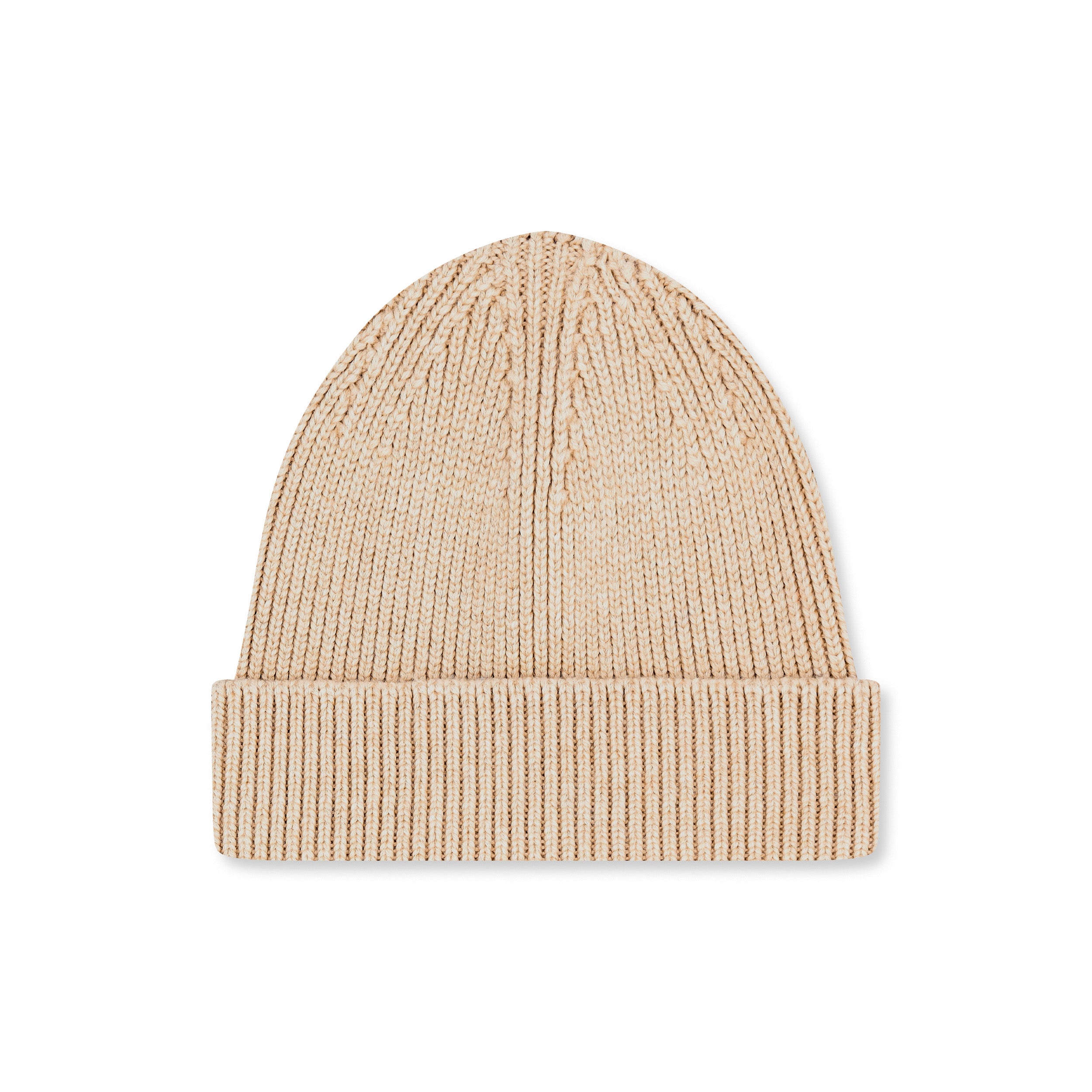Product photo of an ecru wool beanie, displayed on a neutral background.