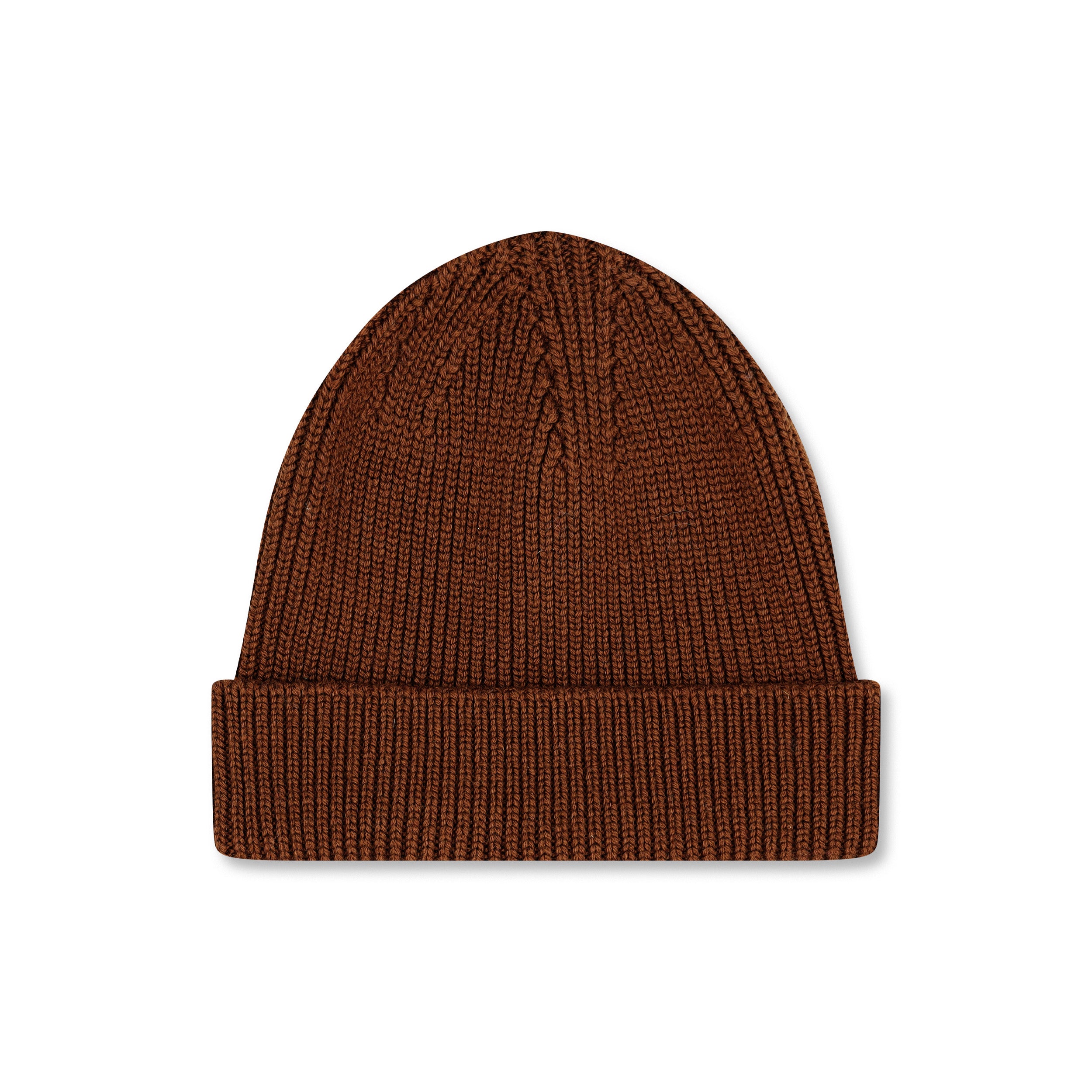 Product photo of a cacao brown merino wool beanie, displayed on a neutral background.