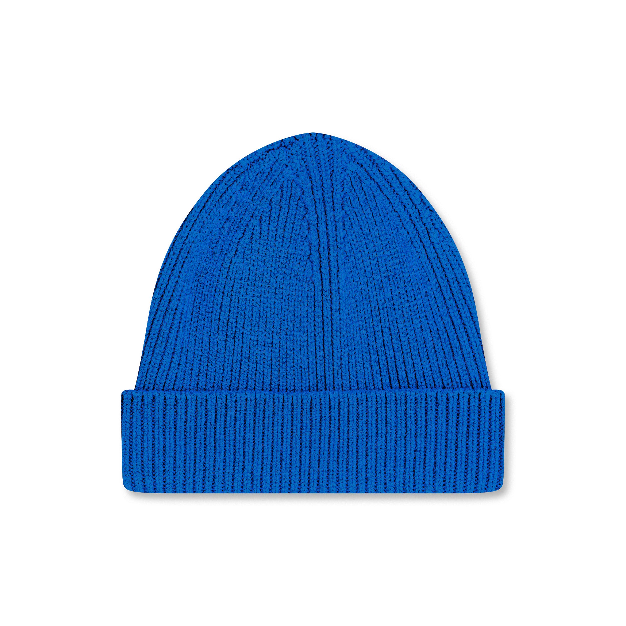 Product photo of a cobalt blue merino wool beanie, displayed on a neutral background.