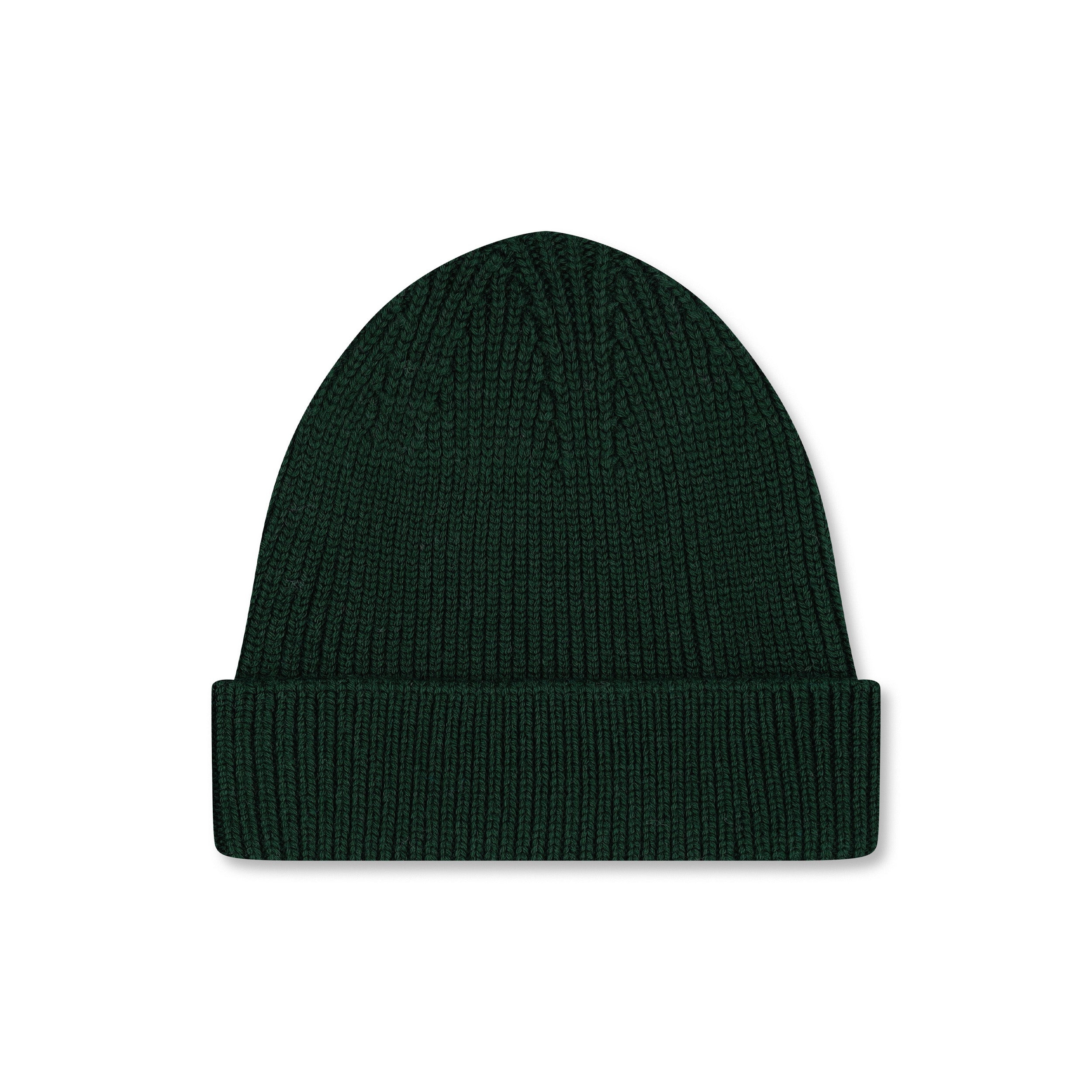Product photo of a forest green wool beanie, displayed on a neutral background.
