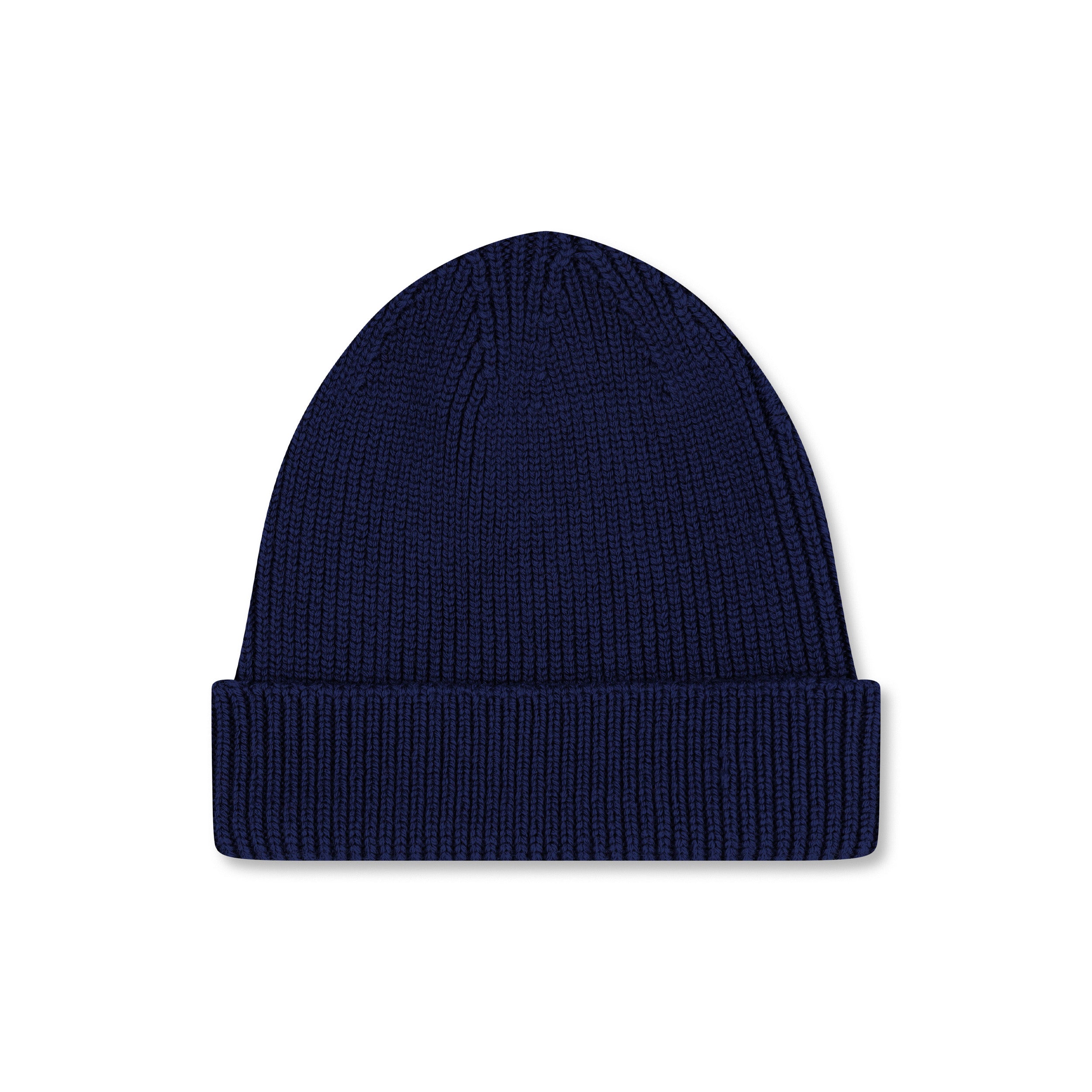 Product photo of an indigo blue wool beanie, displayed on a neutral background.