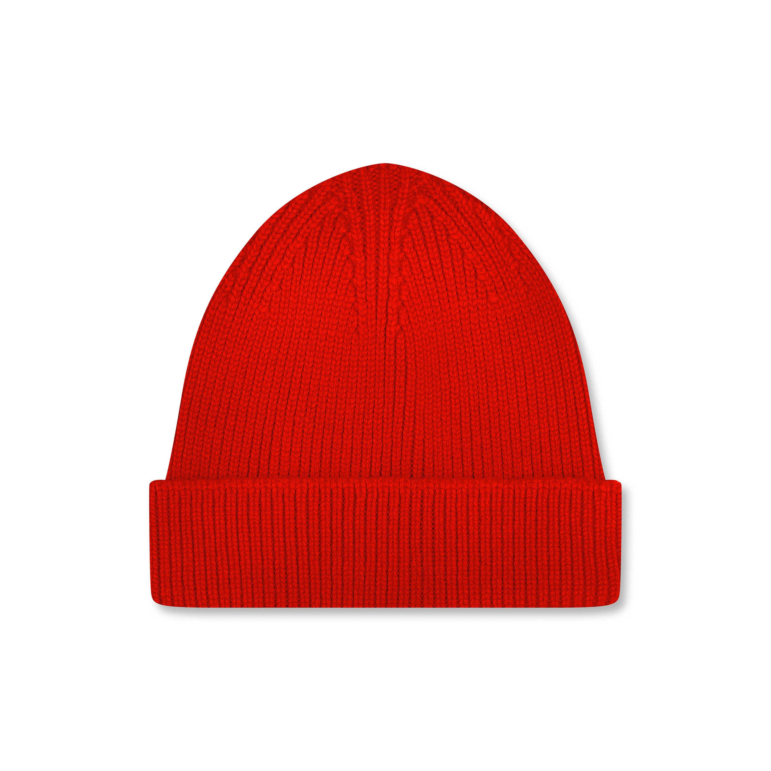 Product photo of a poppy red merino wool beanie, displayed on a neutral background.