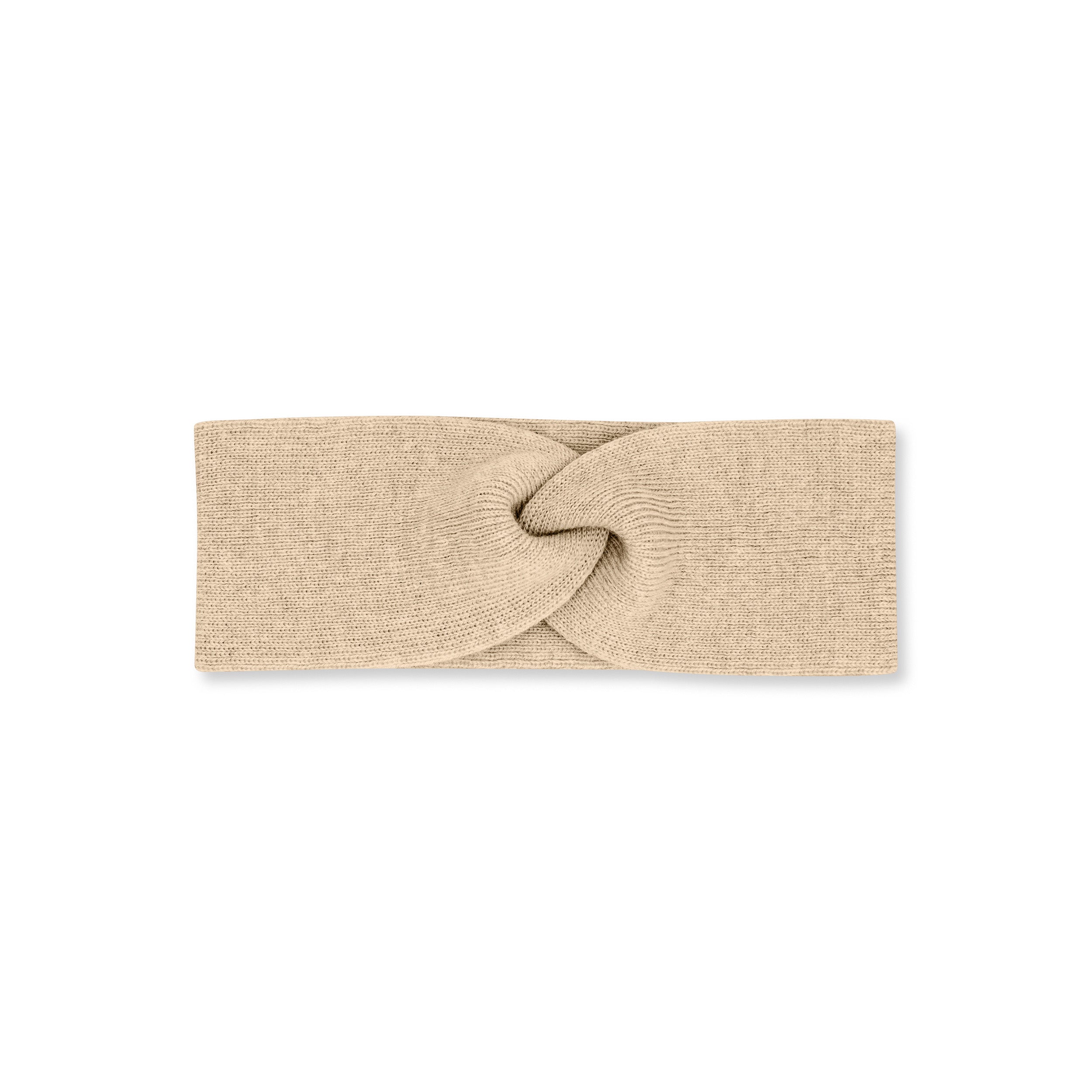 Product photo of a twisted ecru headband, set against a plain background.