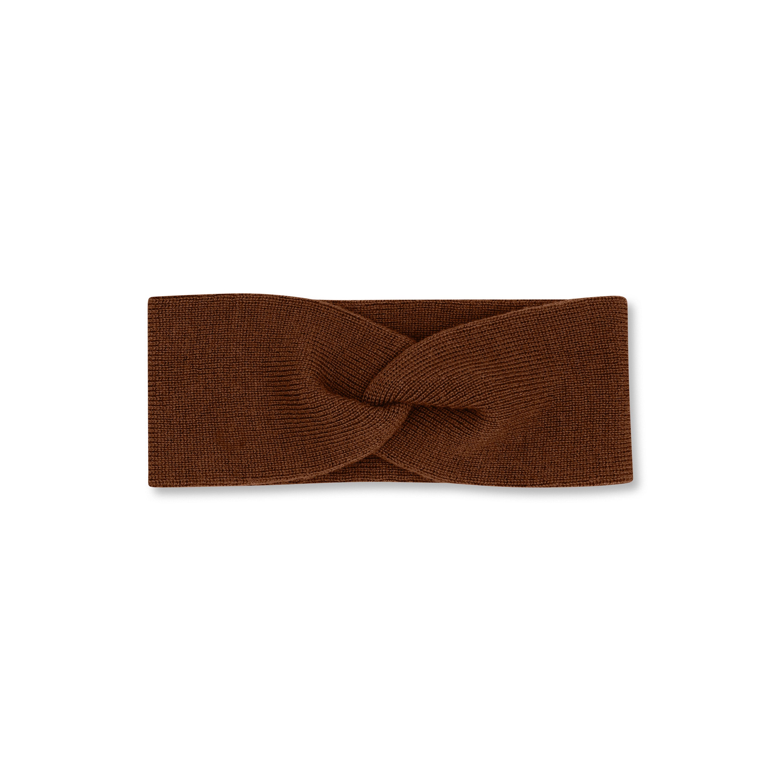 Product photo of a twisted cacao brown headband, set against a plain background.