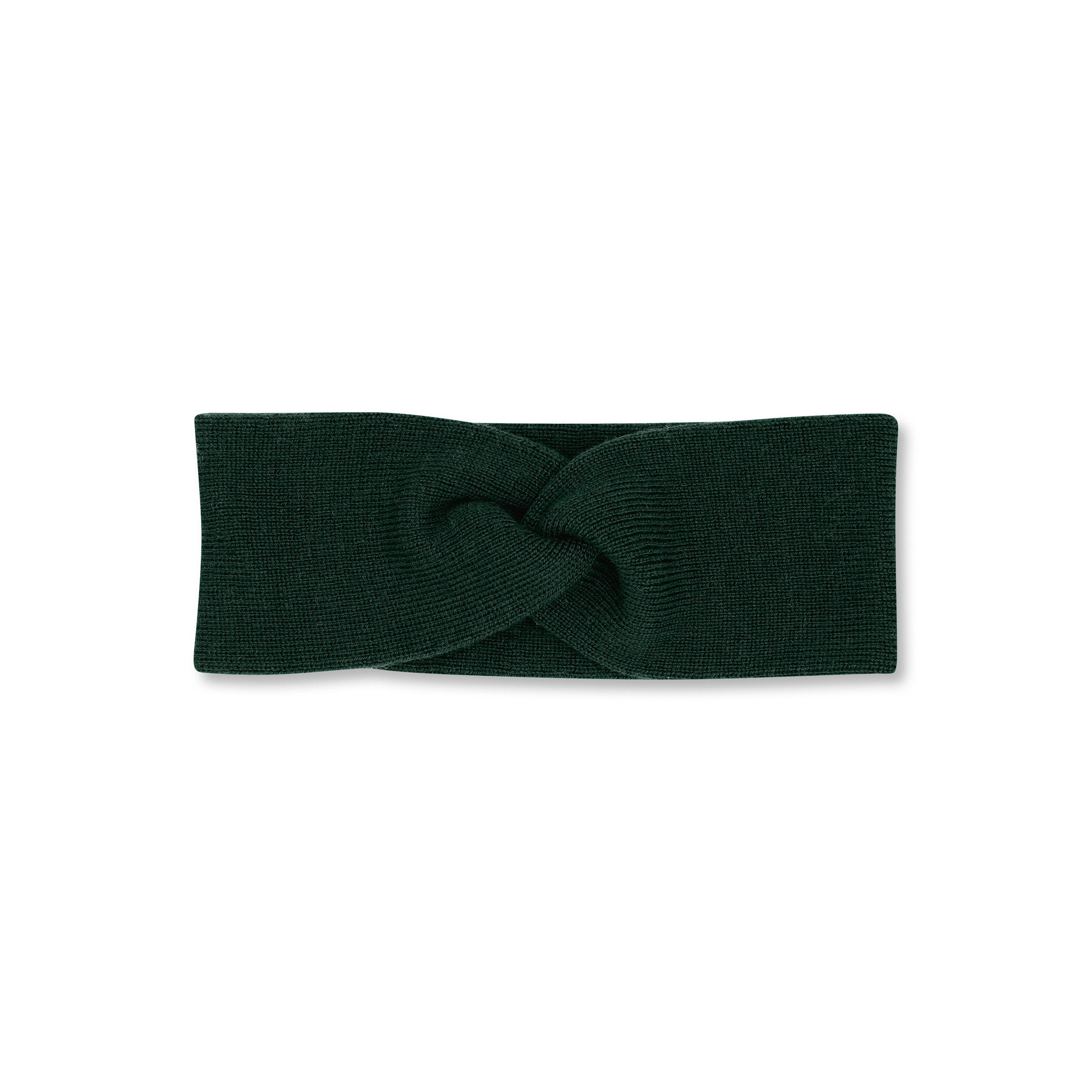 Product photo of a twisted forest green headband, set against a plain background.
