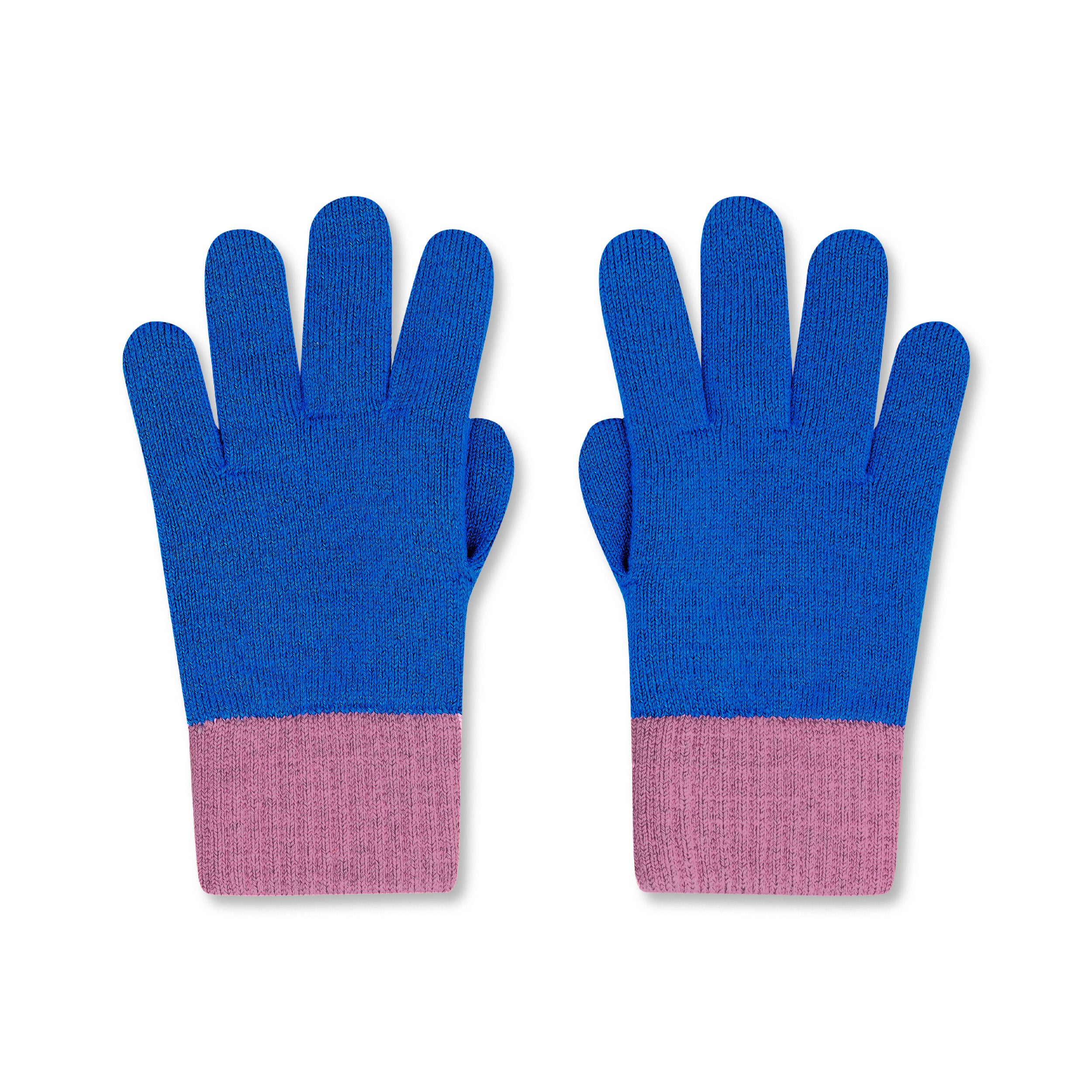 Product photo of a pair of cobalt blue merino wool gloves with pink cuffs, laid flat on a neutral background.