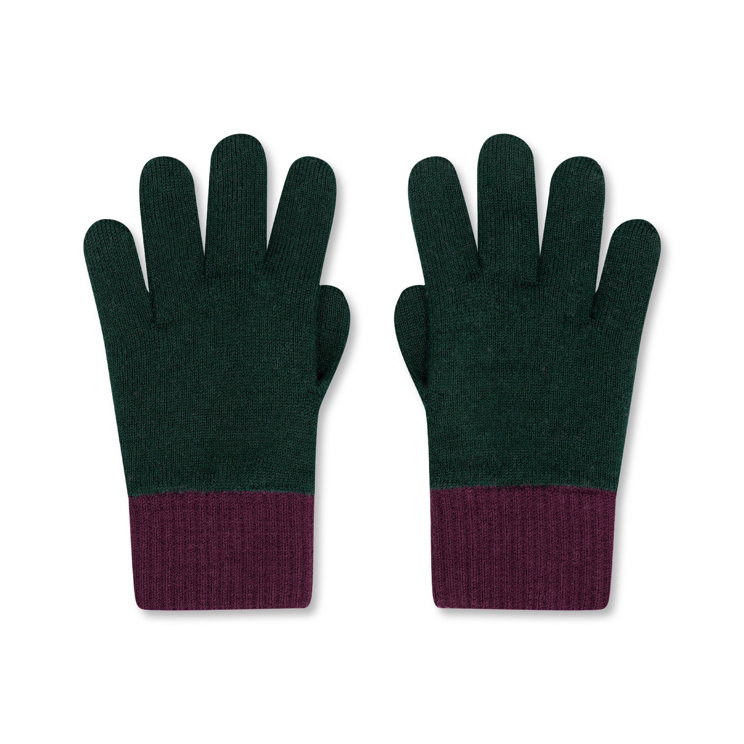 Product photo of a pair of forest green merino wool gloves with purple cuffs, laid flat on a neutral background.