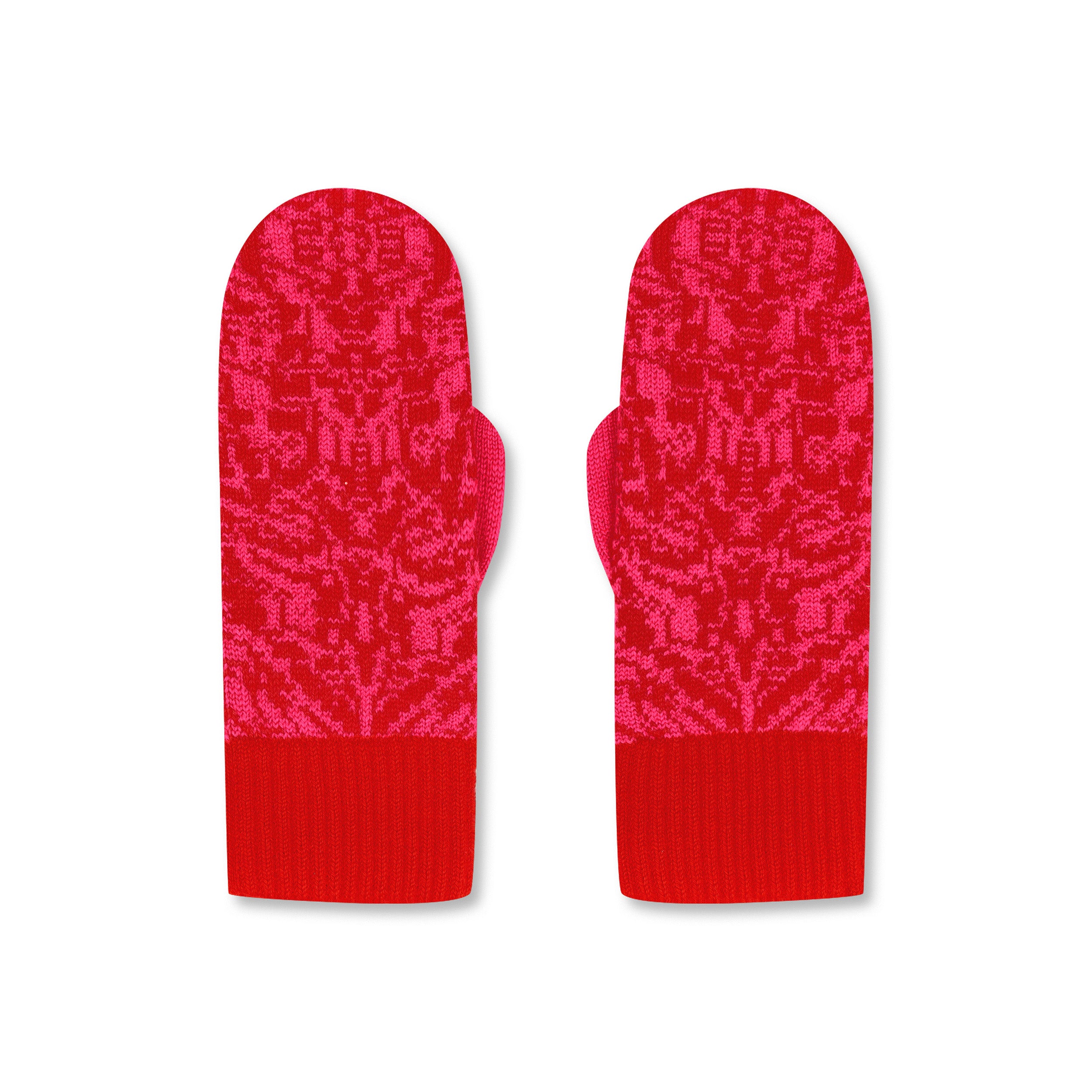 Product photo of a pair of bright red and pink mittens featuring an organic, nature-inspired pattern, laid flat on a neutral background.