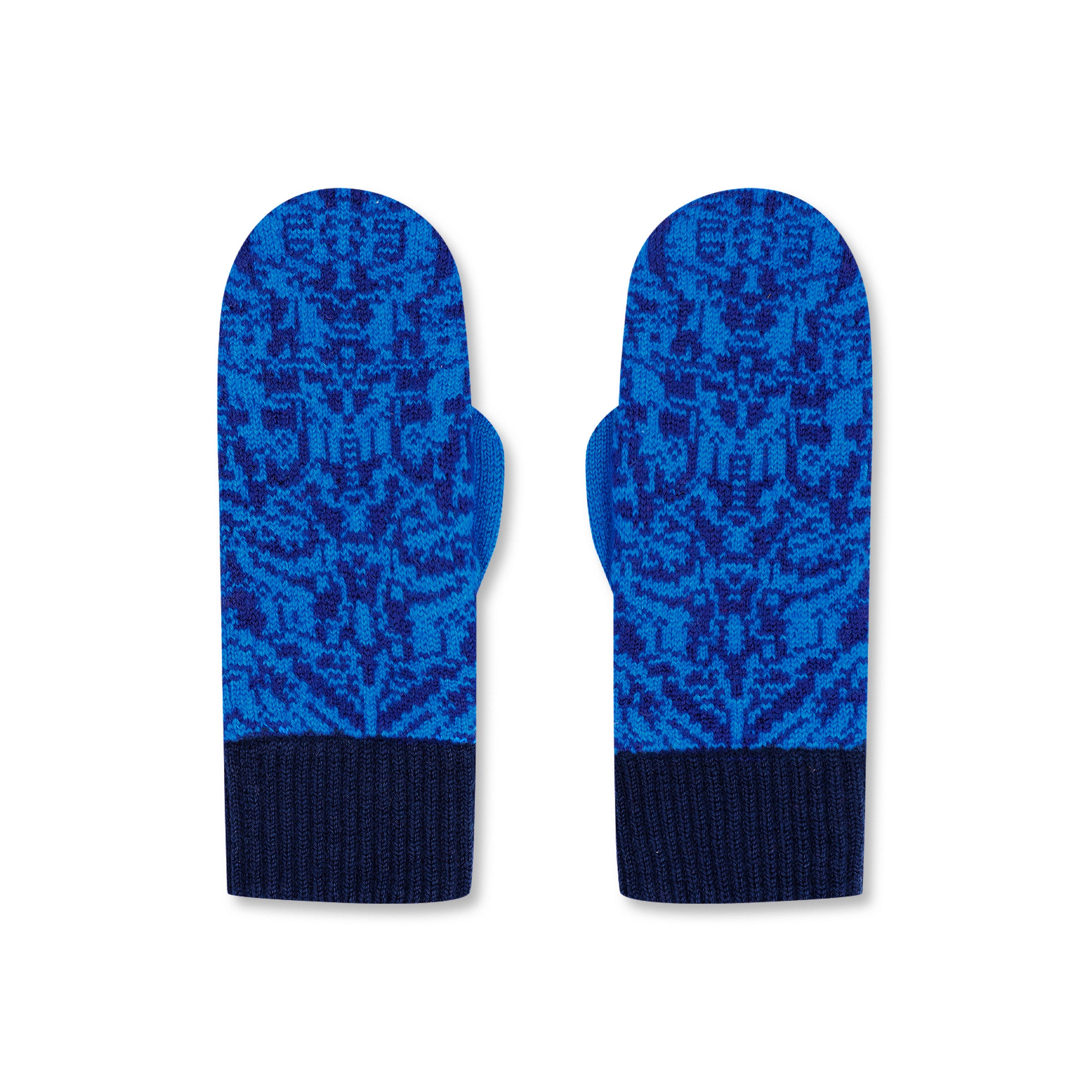 Product photo of a pair of cobalt blue and dark blue mittens featuring an organic, nature-inspired pattern, laid flat on a neutral background.