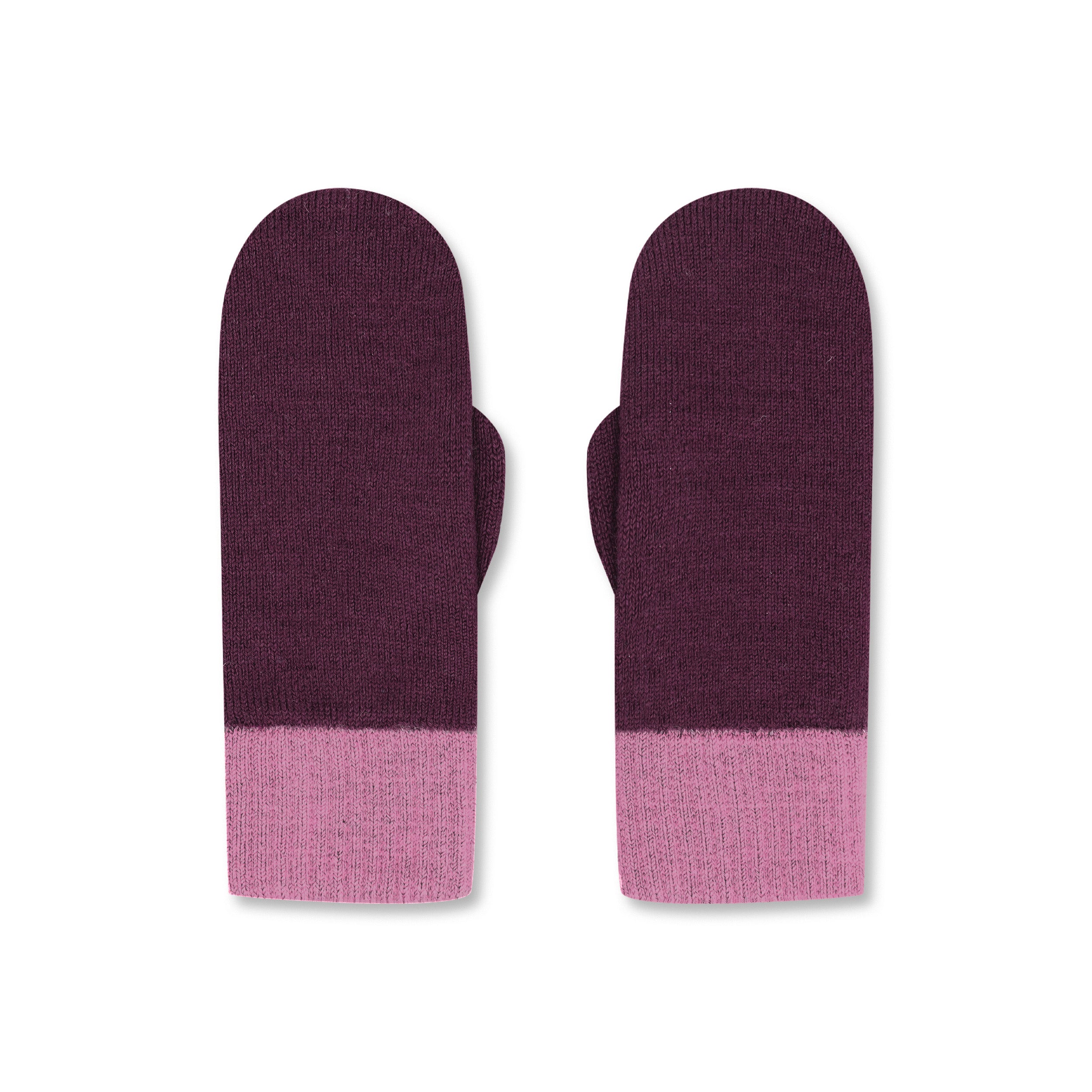 Product photo of a pair of grape purple merino wool mittens with pink cuffs, laid flat on a neutral background.
