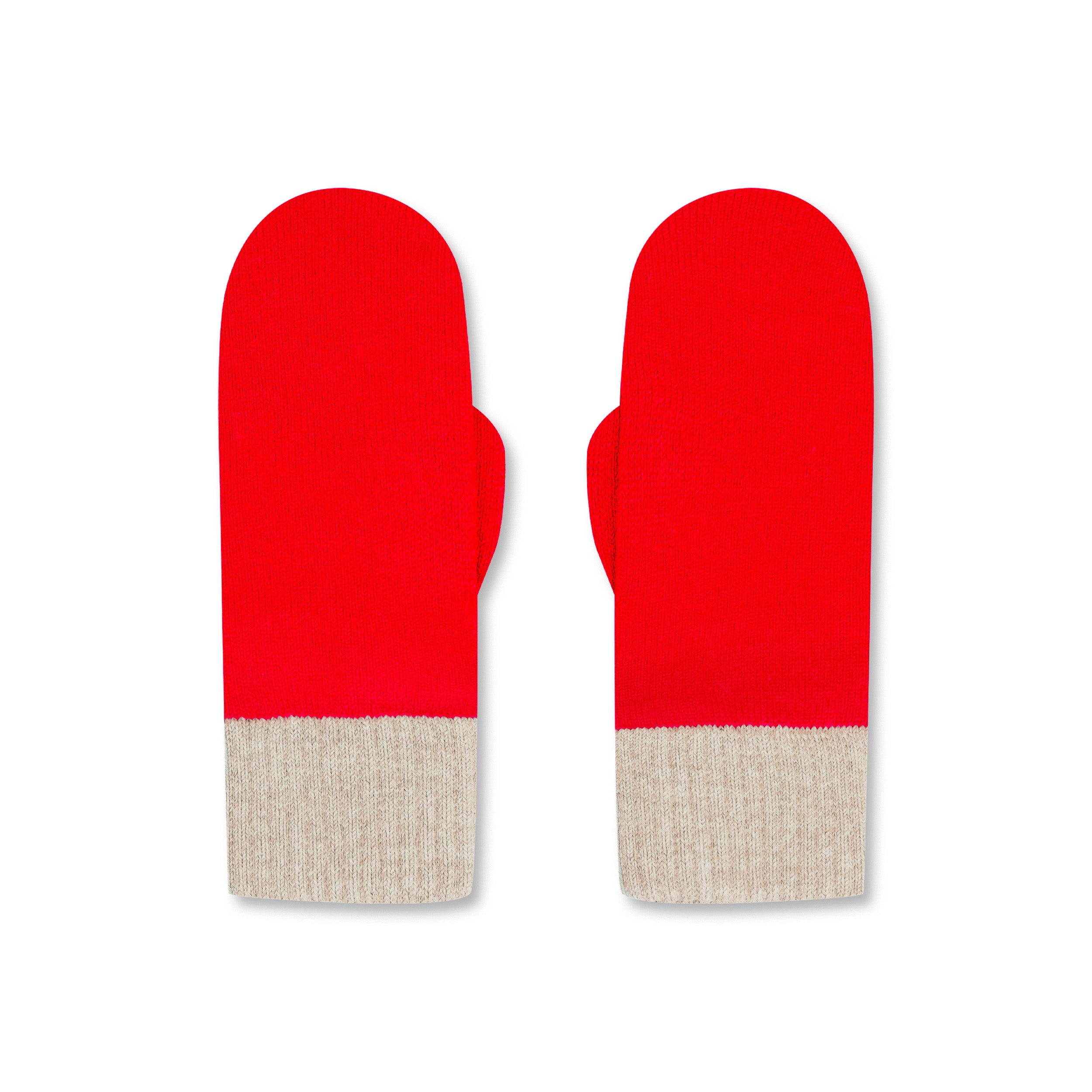 Product photo of a pair of bright red merino wool mittens with ecru cuffs, laid flat on a neutral background.