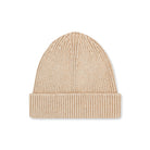Product photo of an ecru wool beanie, displayed on a neutral background.