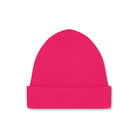Product photo of a bright pink wool beanie, displayed on a neutral background.