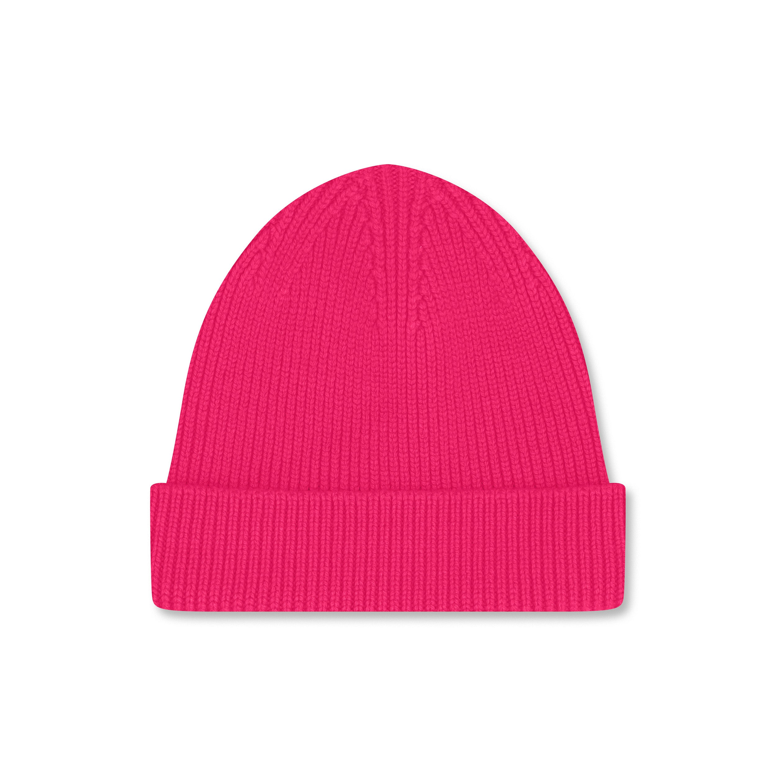 Product photo of a bright pink wool beanie, displayed on a neutral background.