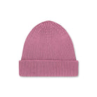 Product photo of a mauve pink wool beanie, displayed on a neutral background.