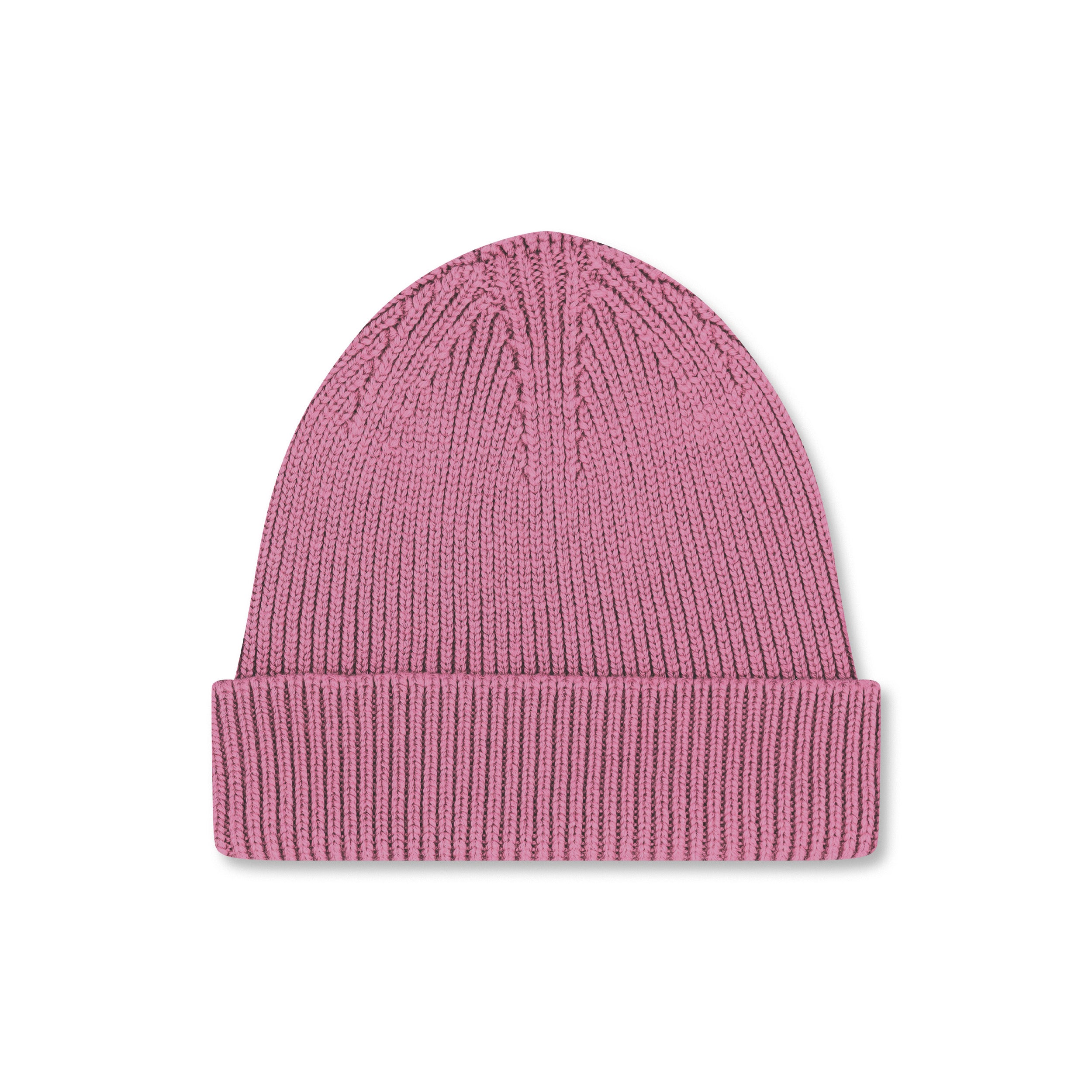Product photo of a mauve pink wool beanie, displayed on a neutral background.