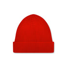 Product photo of a poppy red merino wool beanie, displayed on a neutral background.