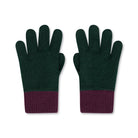 Product photo of a pair of forest green merino wool gloves with purple cuffs, laid flat on a neutral background.