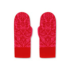 Product photo of a pair of bright red and pink mittens featuring an organic, nature-inspired pattern, laid flat on a neutral background.
