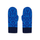 Product photo of a pair of cobalt blue and dark blue mittens featuring an organic, nature-inspired pattern, laid flat on a neutral background.