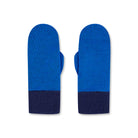 Product photo of a pair of cobalt blue merino wool mittens with indigo blue cuffs, laid flat on a neutral background.